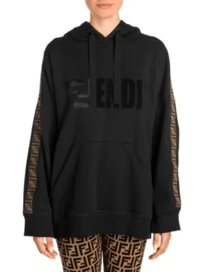 Shop Fendi Hooded Logo Stripe Pullover In Black