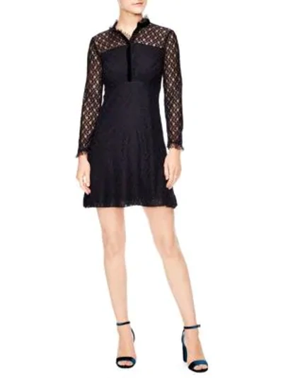 Shop Sandro British Mashup Vegetale A-line Lace Dress In Deep Navy