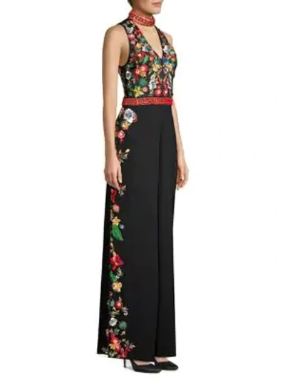 Shop Alice And Olivia Nilsa Floral Embroidered Wide-leg Jumpsuit In Black Multi