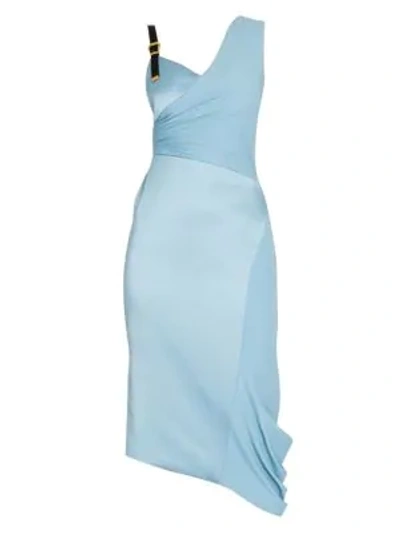 Shop Versace Buckle Shoulder Sheath Dress In Blue