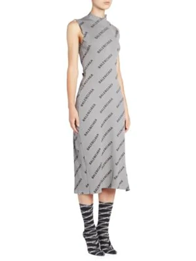 Shop Balenciaga Sleeveless Mockneck Logo Dress In Metallic Black