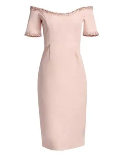 Shop Catherine Regehr Oriel Off-the-shoulder Embellished-trim Sheath Dress In Pale Pink