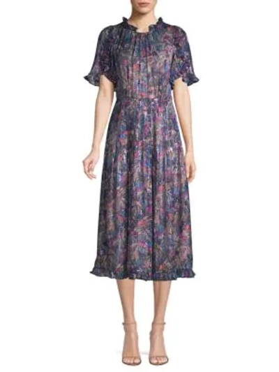 Shop Rebecca Taylor Ruffle Trim Printed Midi Dress In Amethyst Combo