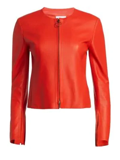Shop Akris Punto Perforated Leather Trumpet-sleeve Jacket In Rosso Forte