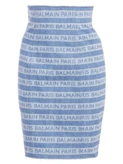 Shop Balmain High-waist Distressed Logo Skirt In Blue