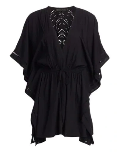 Shop Vix By Paula Hermanny Embroidered Eyelet Drawstring Waist Kimono In Black