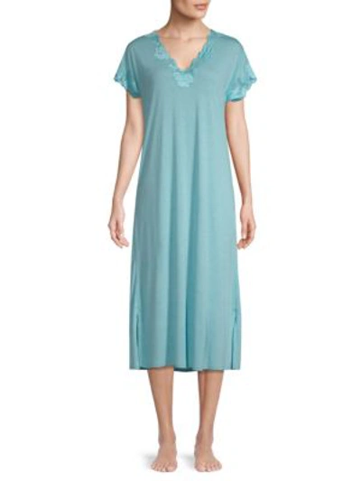 Shop Natori Zen Floral Gown In Heathered Turquoise