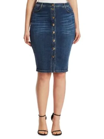 Shop Ashley Graham X Marina Rinaldi Capania Knee-length Denim Skirt In Sky Blue