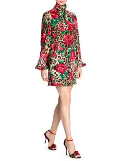 Shop Dolce & Gabbana Silk Charmeuse Tie Neck A-line Dress In Roses On Leo