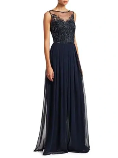 Shop Theia Embellished Tulle & Chiffon Georgette Jumpsuit In Midnight