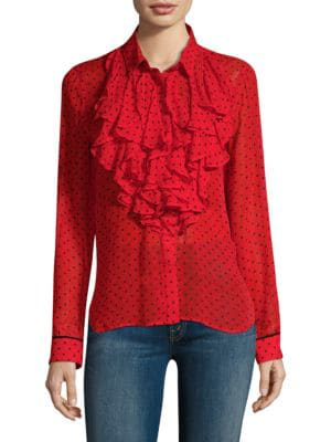 red ruffle front blouse