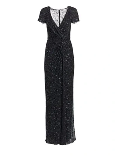 Shop Jenny Packham Sequined Cap Sleeve Gown In Black