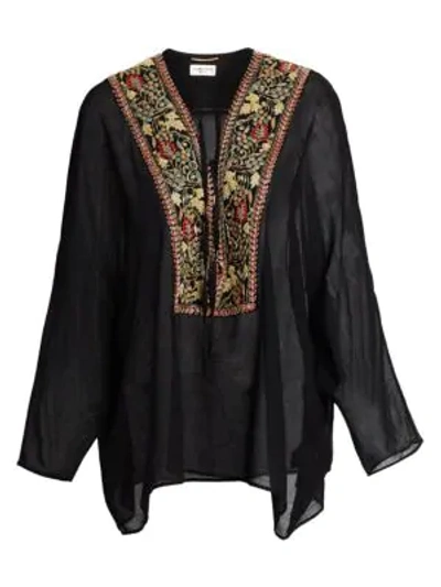 Shop Saint Laurent Wool Plunge Front Embroidery Tunic In Black