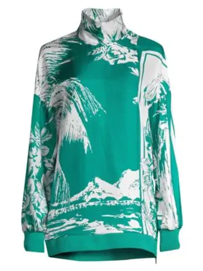 Shop Tibi Leilani Tropical-print Silk Sweatshirt In Teal