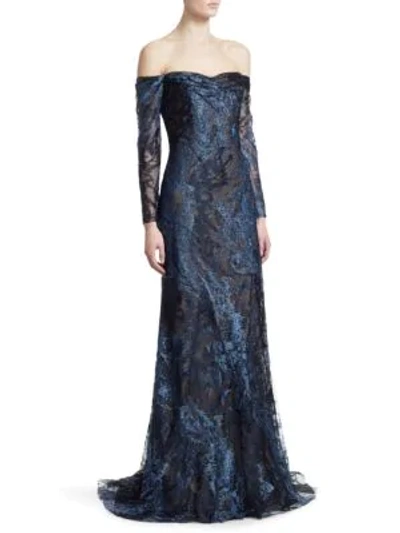 Shop Rene Ruiz Embroidered Tulle Off-the-shoulder Gown In Black Cobalt