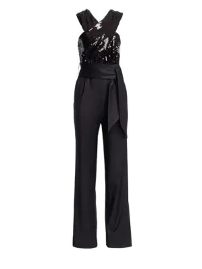 Shop Carolina Ritzler Crossover Sequin Belted Jumpsuit In Black