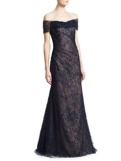 Shop Rene Ruiz Embroidered Off-the-shoulder Gown In Navy