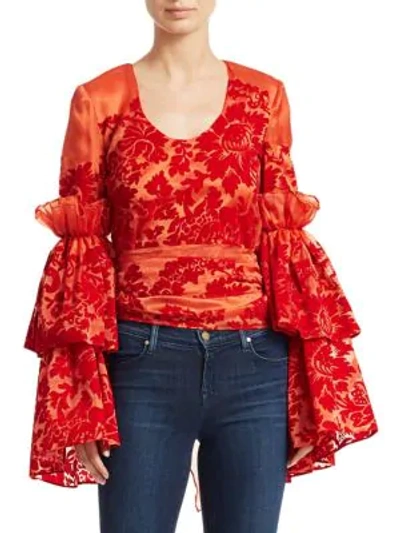 Shop Rosie Assoulin Flocked Silk Organza Top In Red
