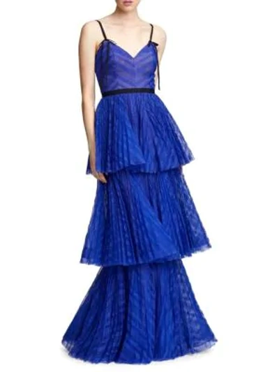 Shop Marchesa Notte Sleeveless Lace Tiered Gown In Royal