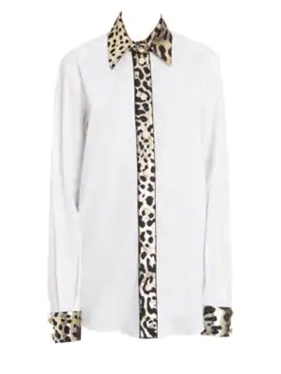 Shop Dolce & Gabbana Leopard Print Trimmed Button-front Shirt In White