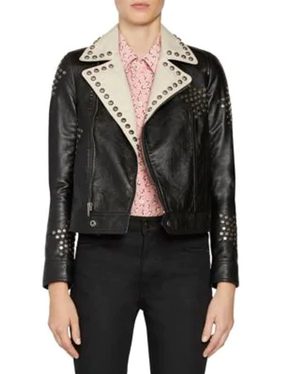 Shop Saint Laurent Two-tone Leather Studded Moto Jacket In Black Multi