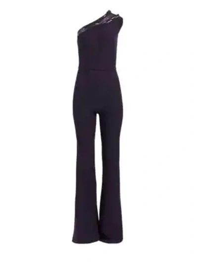 Shop Safiyaa Beaded Crepe One-shoulder Jumpsuit In Midnight