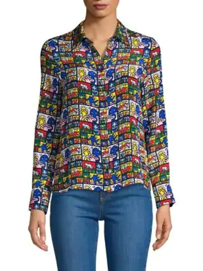 Shop Alice And Olivia Keith Haring X Alice + Olivia Willa Graphic Silk Button-down Top In Haring Collage