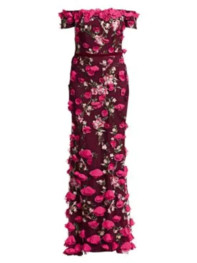 Shop Marchesa Notte Floral Embellished Evening Gown In Wine