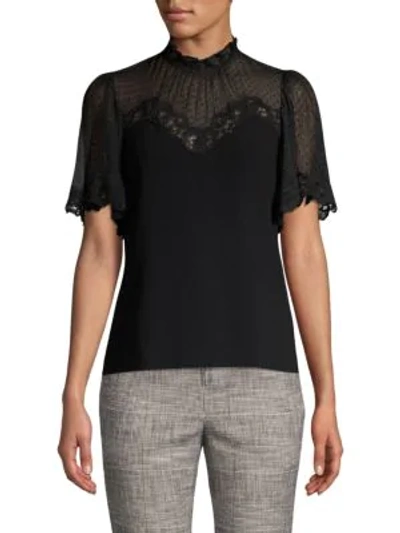 Shop Rebecca Taylor Short Sleeve Crepe Lace Top In Black