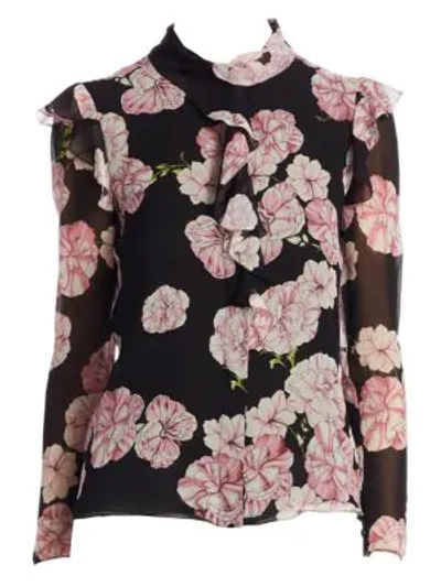 Shop Giambattista Valli Ruffled Floral Silk Blouse In Black Peony Rose