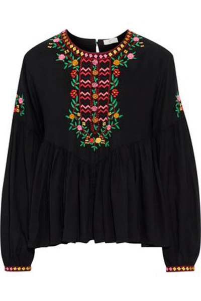 Shop Joie Woman Ghita Embroidered Gathered Voile Blouse Black