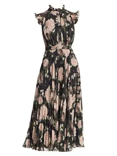 Shop Erdem Roisin Pleated Floral-print A-line Dress In Black Pink Floral