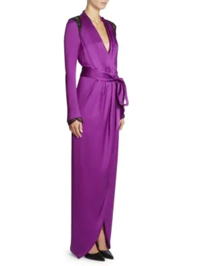 Shop Ralph And Russo Embellished Silk Satin Wrap Gown In Purple