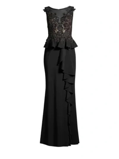 Shop Basix Black Label Sleeveless Floral-lace Peplum Gown In Black