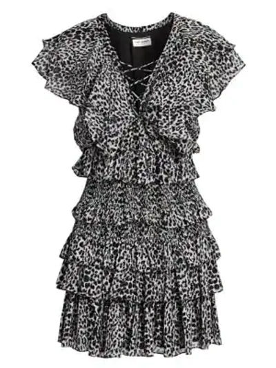 Shop Saint Laurent Silk Georgette Mini Leopard Print Ruffle Dress In Black Grey