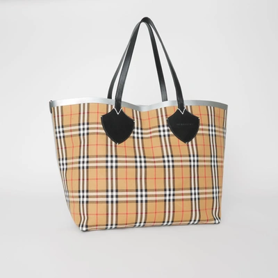 Shop Burberry The Giant Reversible Tote In Vintage Check In Black/silver