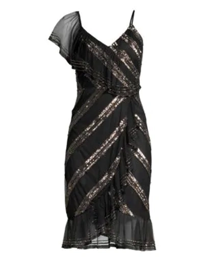 Shop Aidan Mattox Asymmetric Sequin Stripe Sheath In Black