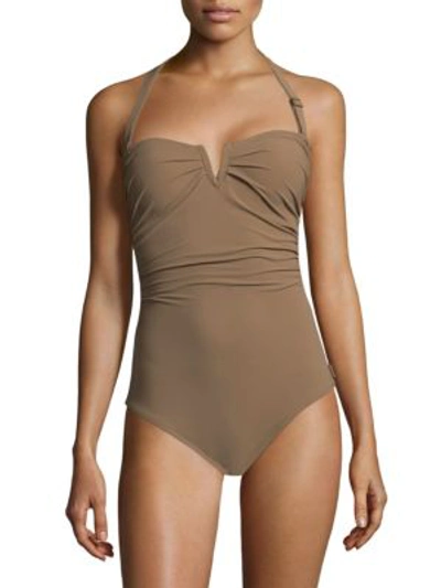 Shop Shan One-piece Les Essentiels Halter Swimsuit In Latte