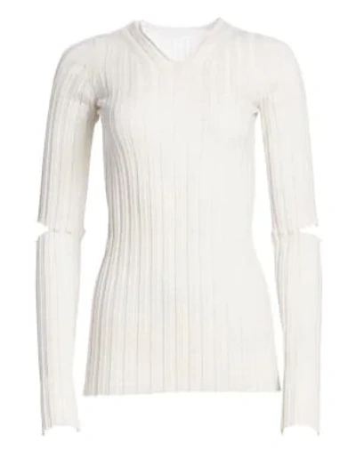 Shop Helmut Lang Slash Wool Ribbed Sweater In Ivory Melange