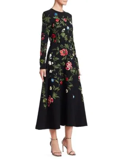 Shop Oscar De La Renta Long Sleeve Floral Embroidered Dress In Black Multi
