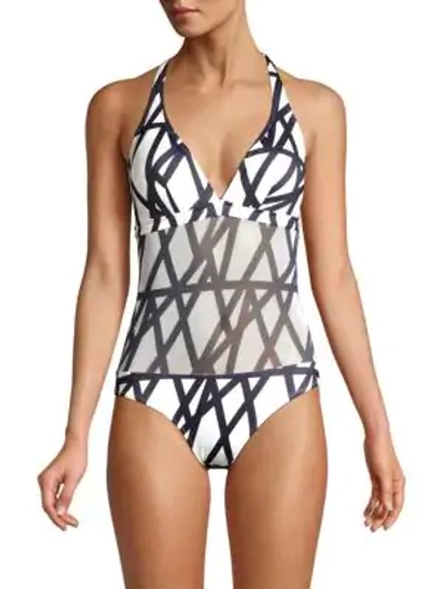 Shop Vilebrequin Fauve Graphic Halter One-piece Swimsuit In White