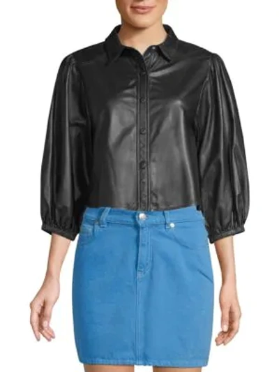Shop Ganni Heavy Leather Snap-front Peasant Top In Black
