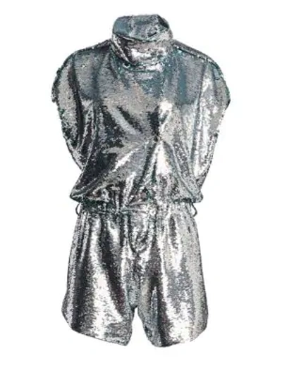 Shop Carolina Ritzler Short Sleeve Sequin Romper In Silver Sequins