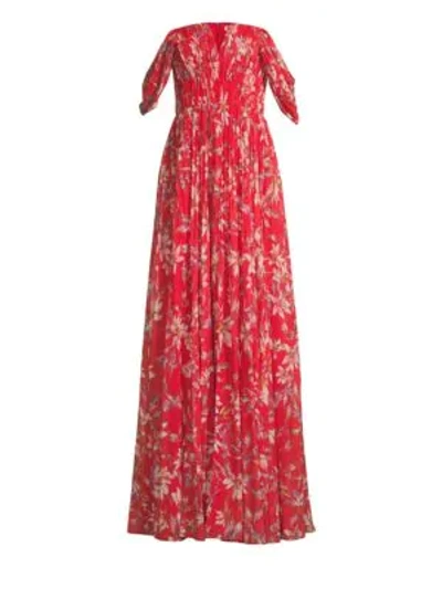 Shop Amur Kyla Chiffon Strapless Floral Gown In Red