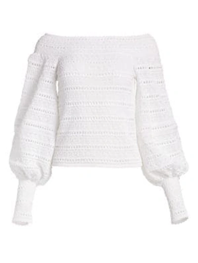 Shop Oscar De La Renta Off-the-shoulder Crochet Balloon Sleeve Top In White