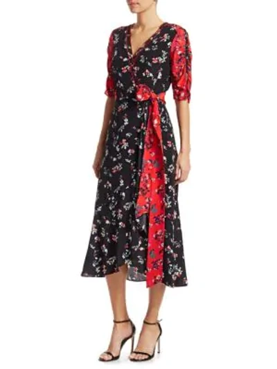 Shop Tanya Taylor Blaire Floral Silk Wrap Dress In Red Black