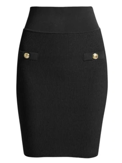 Shop Balmain Ribbed Button Pencil Skirt In Black