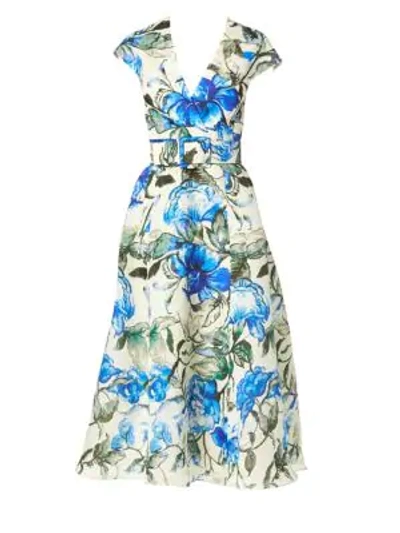 Shop Carolina Herrera Silk Floral Midi Dress In Persian Blue