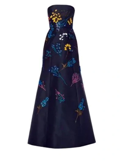 Shop Carolina Herrera Floral-embroidered Strapless Silk A-line Gown In Midnight Multi