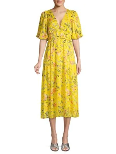 Shop Hemant & Nandita Puff Sleeve Floral Midi Dress In Yellow
